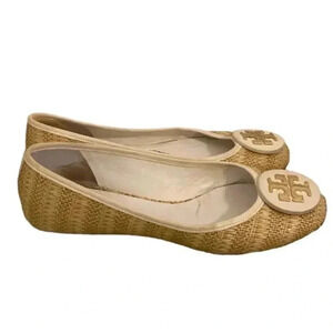 Tory Burch Womens Burlap Woven Logo Ballet Flats